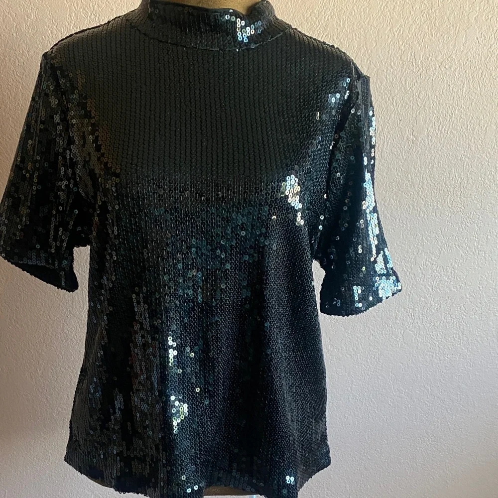 MICHAEL KORS Black Sequin Short Sleeve Top